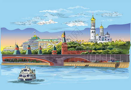 拉兴罗林位于克里姆林塔和摩斯考河红方莫斯考俄罗交叉桥的堤岸城市多彩孤立的矢量图解插画