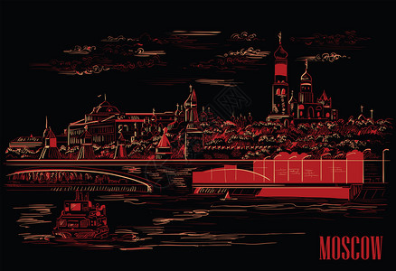 克里姆林塔和摩斯考河红方莫斯科俄罗横跨莫考河红方俄罗斯的桥梁堤岸城市以黑色背景的红和蜜绘制孤立的矢量图图片
