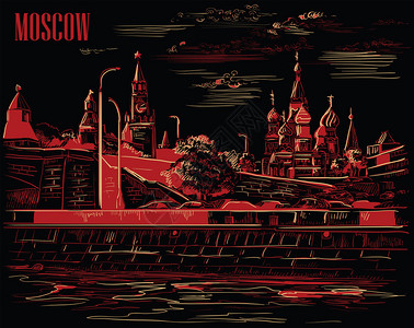 克里姆林塔和摩斯考河红方莫斯科俄罗横跨莫考河红方俄罗斯的桥梁堤岸城市以黑色背景的红和蜜绘制孤立的矢量图图片
