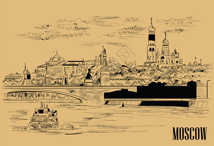 克里姆林塔和摩斯考河红方莫斯科俄罗横跨莫科河红方俄罗斯的桥堤偏僻城市景点插画