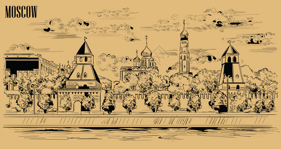 施密罗林克里姆林塔和莫斯科河红方莫斯科俄罗边远的矢量图画以蜜蜂背景的黑色显示插画