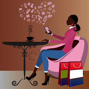 购物后喝咖啡在互联网上通过智能电话视频图片