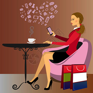 购物后可爱的女士在喝咖啡互联网上通过智能手机通话图片