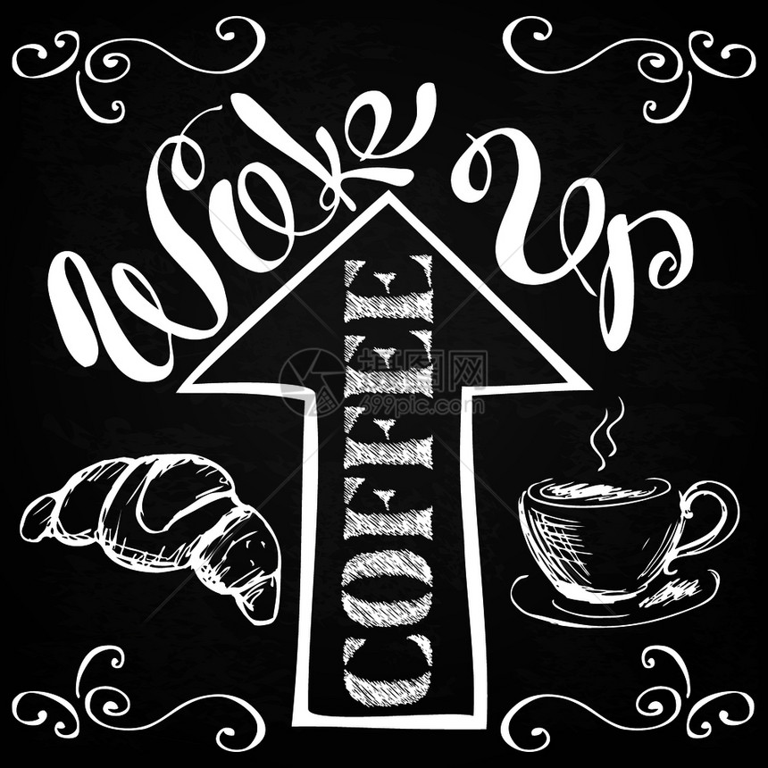 醒过来的咖啡杯子箭头和羊角面包手画的印记设计在黑板上牲畜矢量插图醒起来的咖啡用杯子箭和羊角面包图片