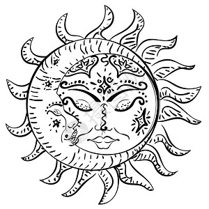 波西米亚纹身现代的睡梦太阳和新月设计纹身插画