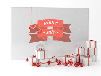 圣诞销售礼品盒3d说明圣诞贺卡配有礼品盒和圣诞装饰销售假日概念背景