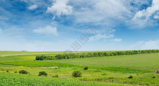 蓝色天空背景的山丘绿地和风车农业景观宽广的照片图片
