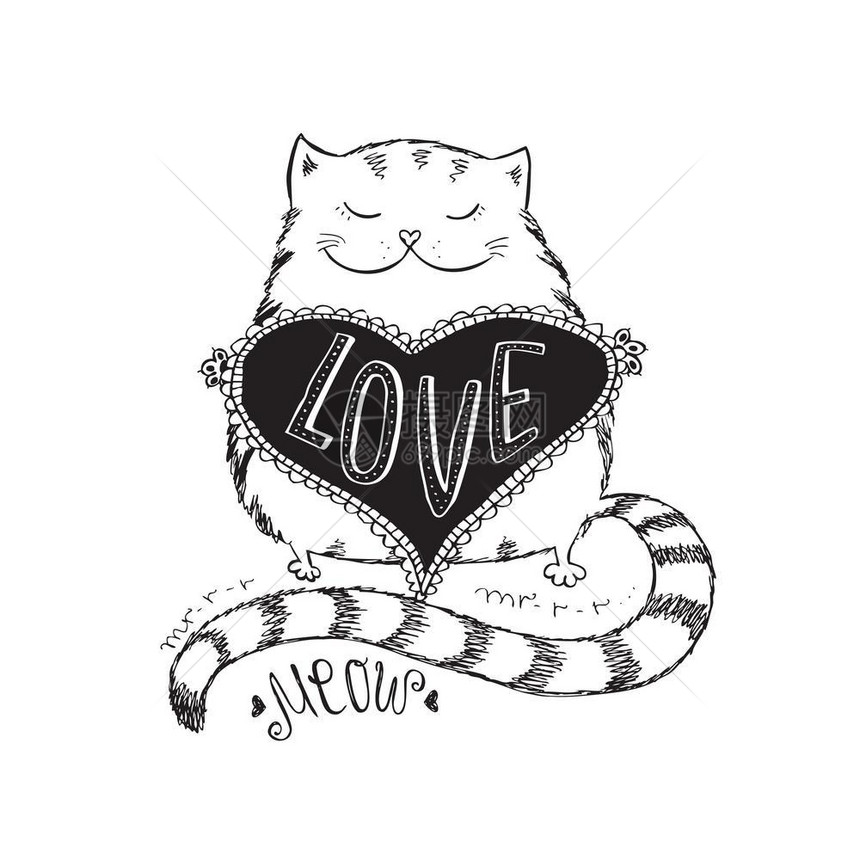 带心脏的可爱猫手画矢量插图图片