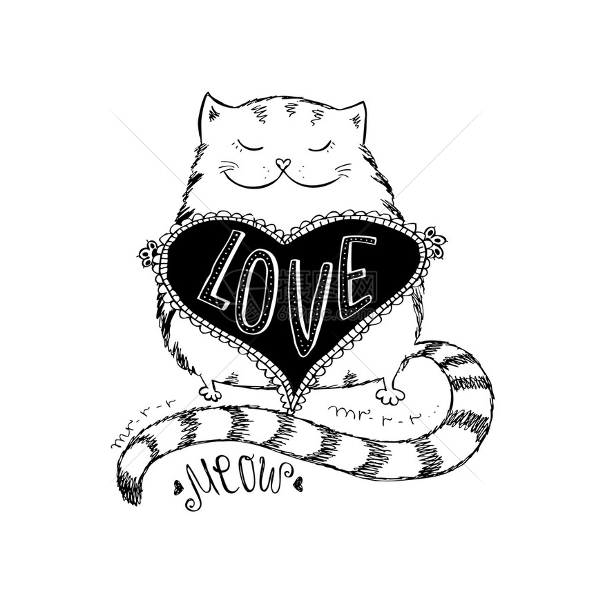 可爱的猫与爱的心手写字母服装t恤设计股票矢量插图有爱心的可爱猫图片