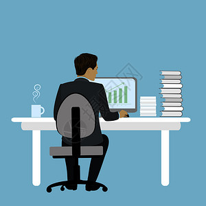 办工桌坐在办公桌的商人或室工在计算机后视工作场所卡通库存矢量图坐在办公桌的商人或室工在桌作插画