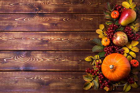 含橙南瓜的感恩框架秋玫瑰叶苹果梨和生木本底的菜浆复制空间图片