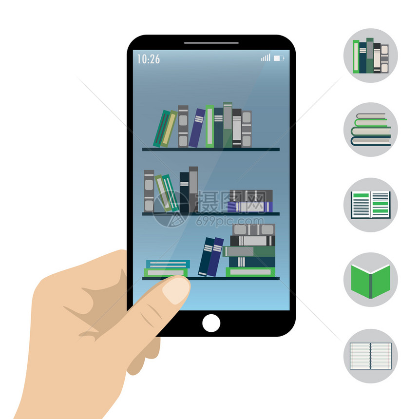 屏幕上手持智能电话和子书阅读器应用程序的矢量说明5本书图标手持智能电话子书阅读器应用程序图片