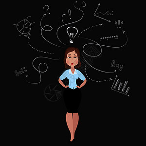 女商人或办公室工作者与一个好主意和站在涂鸦商业素描股票矢量插图女商人有个好主意背景图片
