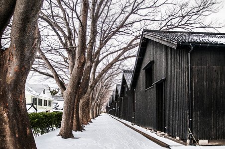 塞尔科娃古老的日本黑仓库冬季雪和树木线上的日本黑仓库沙卡塔约索科亚马塔铁矿石雅潘背景