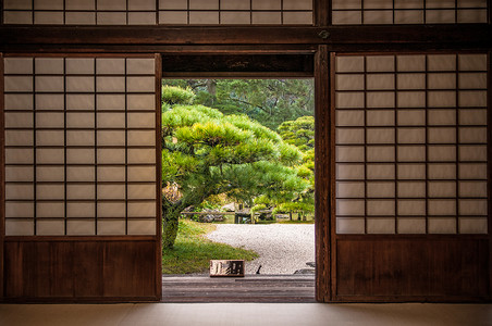 从滑动门看到日本花园和松树背景图片