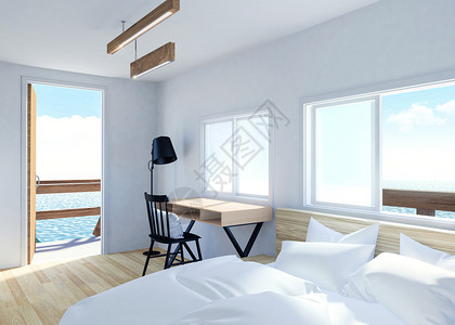 在别墅度假胜地内有梯田和海景的白色现代室内房间3D图片