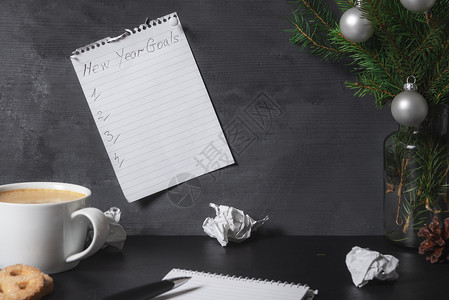 有新年目标清单的纸条贴在办公墙上还有一张纸笔记本桌上有折叠页松树枝和咖啡杯背景图片