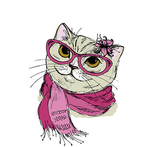 橙围巾的猫漂亮的时尚猫咪设计矢量插图插画