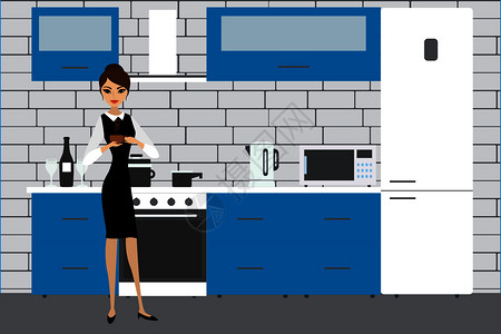 美女厨房厨房内有家具用装置和美容女背景上有杯子砖墙平式矢量插图厨房内有家具装置和美容插画