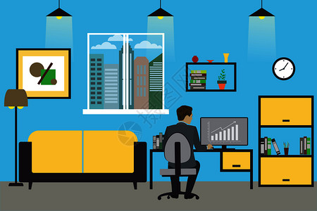在家或现代办公室工作的卡通商人带有家具的室内设计充气矢量插图图片