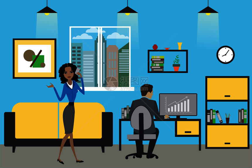 在家中或现代办公室工作的卡通商人在家中或现代办公室工作的非洲女商人在电话上发言用家具设计室内带家具的充气矢量插图在家工作的卡通商图片