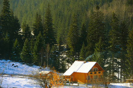 冬季喀尔巴阡山脉的木屋图片