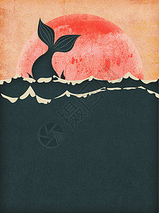 鲸鱼海报太阳落山时鲸尾鱼在海中的抽象泥土图案最小背景