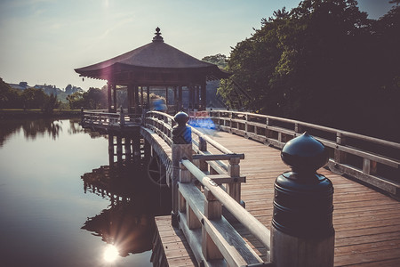 罗米乌日本奈良公园湖面上的ukimido亭日本奈良公园水上的ukimido亭背景