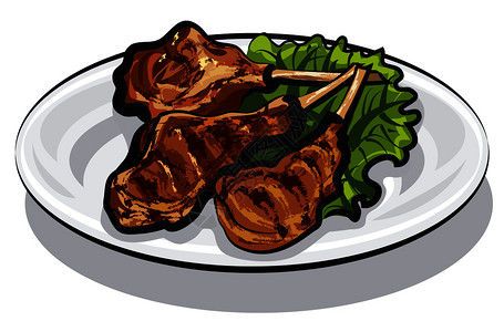 羊肉烧烤烤羊排加生菜的插图插画