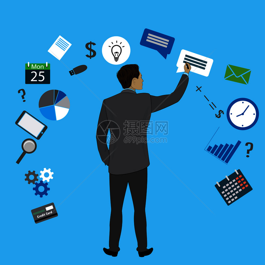 商人背视图和业标办公室工人与不同对象和应用程序矢量图商人背视和业标图片
