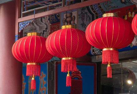 文华Tianj著名文化购物街上的传统红灯背景