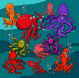 水下有趣的海洋生物章鱼插画图片