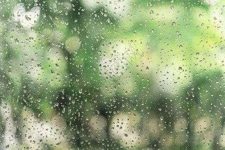 绿树背景模糊的眼镜窗上雨滴抽象背景新鲜自然概念图片