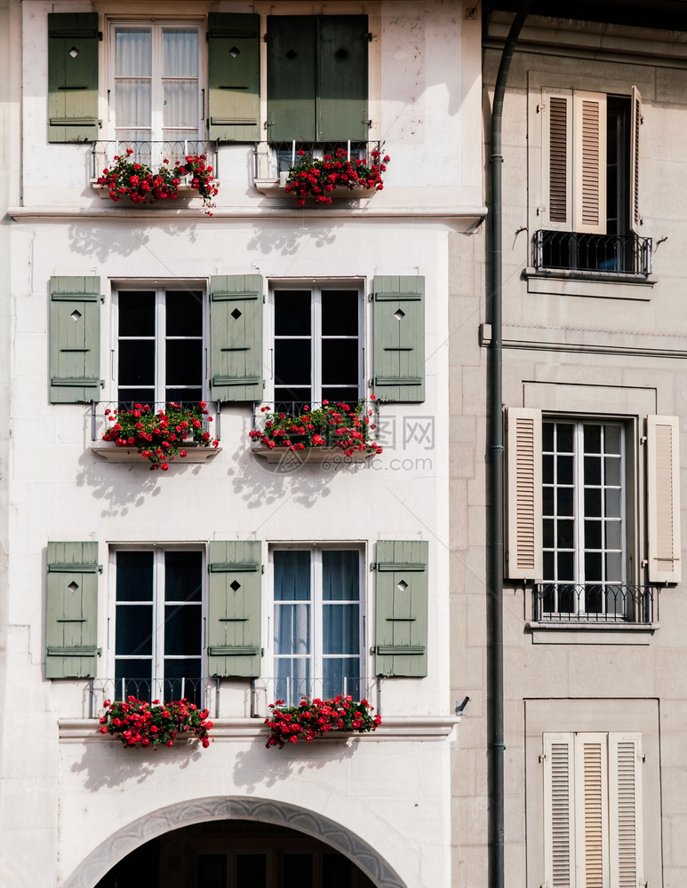 2103伯恩瑞士美丽的白色混凝土建筑窗户红花在老城区伯恩图片