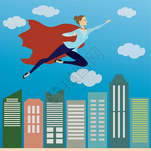 超级英雄女孩飞行城市矢量插图背景图片