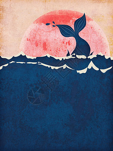 鲸鱼沉睡时太阳落山时鲸尾鱼在海中的抽象泥土图案最小背景
