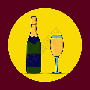 瓶和酒杯及碳酸饮料的简单彩色平板插图图片