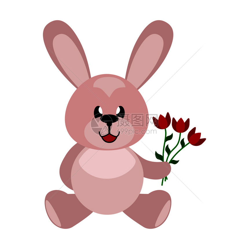 有花束的白兔手拉小孩和玩具一个简单的彩色图像图片