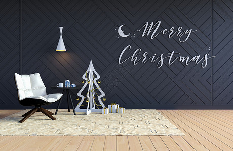 里面有黑墙和白色圣诞树的黑墙和白色圣诞树节假日在墙上的圣诞快乐词图片
