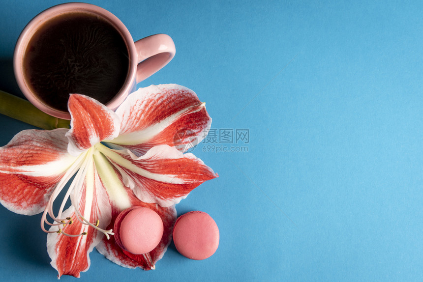 大花瓣上挂着美味的马卡龙与热咖啡杯旁带复制空间的蓝色背景图片