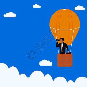 灯泡热气球以热气球商业概念carton矢量说明带双筒望远镜的商人插画