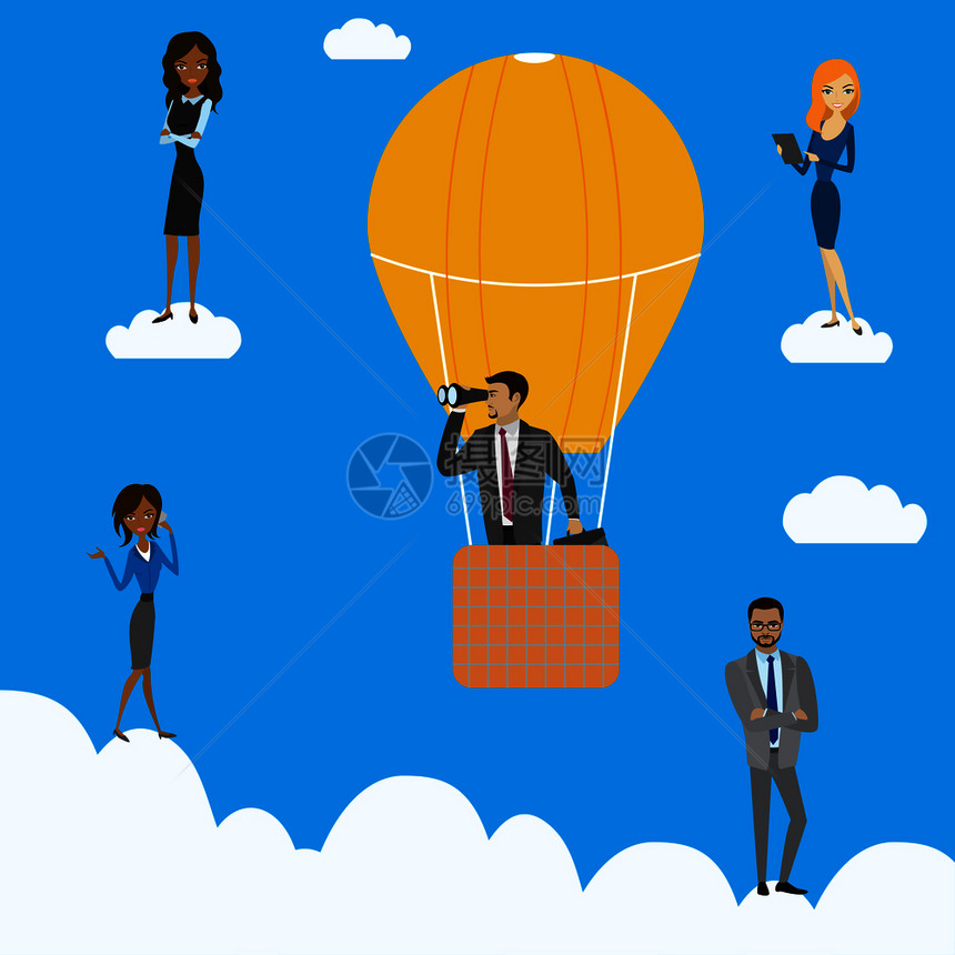 使用热气球商业人员云层黄气卡通矢量插图的商人图片