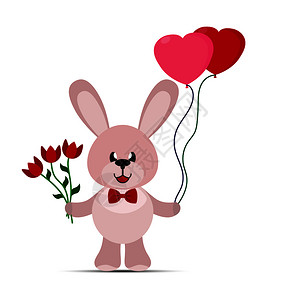 野兔在草甸手画的玩具兔有两颗蛋以心脏的形式和一束鲜花在爪子里插画