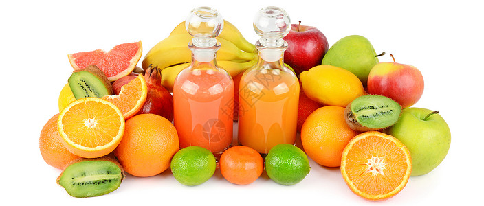 白色背景的水果和汁有机食品宽幅照片图片