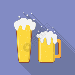 泡沫啤酒长影浅泡沫碳化饮料杯和玻璃彩色图示插画