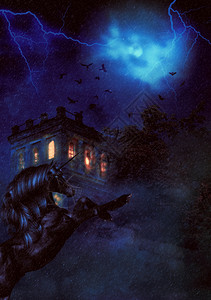 古老的城堡塔和黑独角兽在夜晚3d插图图片