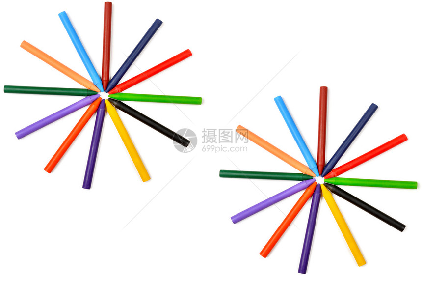 在白背景上被孤立的彩色铅笔创造学习的概念拼贴图片
