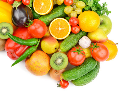 白色背景的水果和蔬菜健康的食物平整躺下最顶尖视野图片