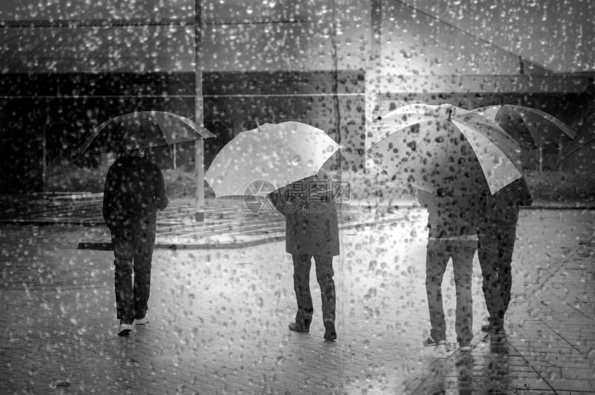 4个人在多彩的雨伞和通过窗口看到满是雨滴的图片