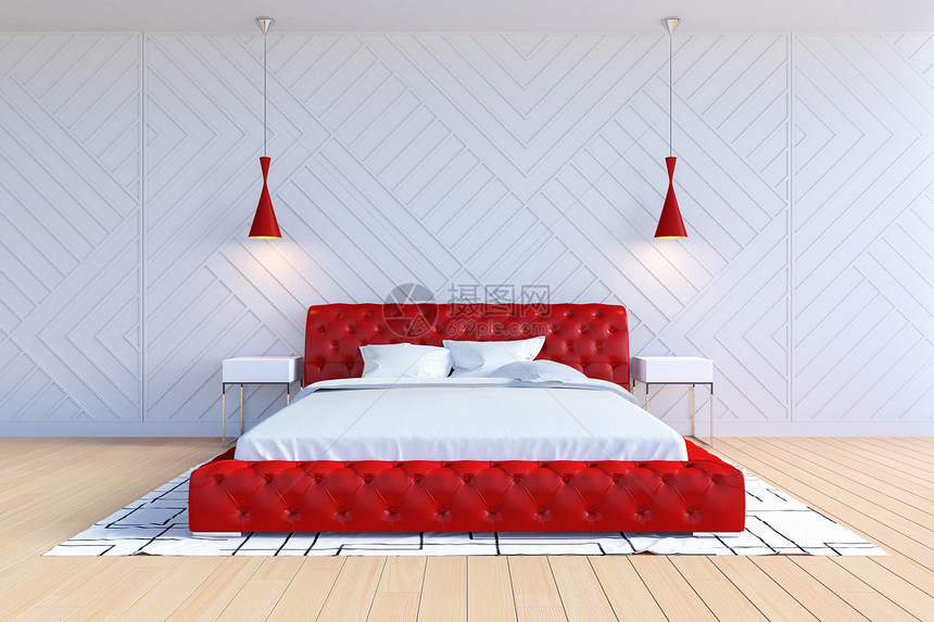 现代卧室内白色和红3D图片
